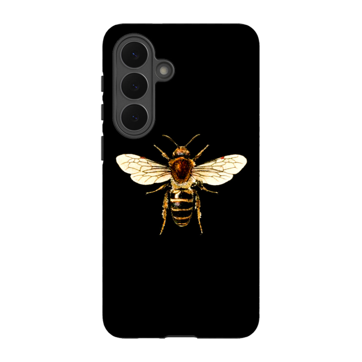 Samsung Galaxy tough case featuring a detailed honeybee illustration centered on a sleek black background.