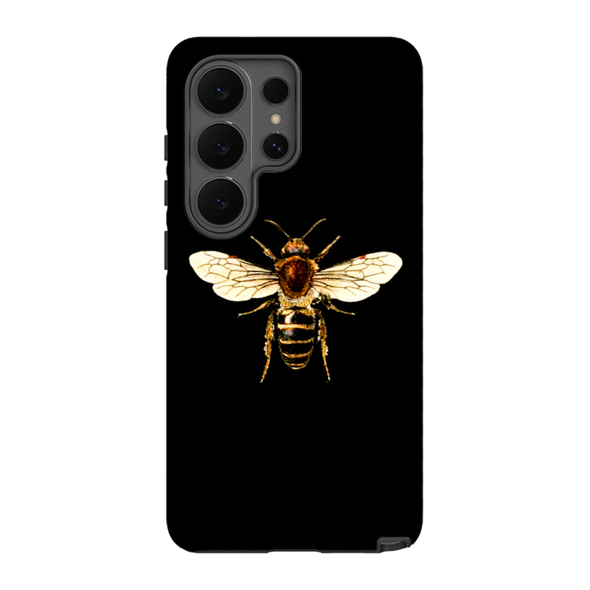 Samsung Galaxy tough case featuring a detailed honeybee illustration on a sleek black background with dual-layer protection.