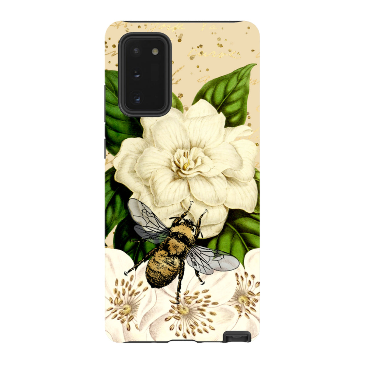 Samsung Tough Case featuring a detailed bee, white flowers, and green leaves on a beige background with gold accents.