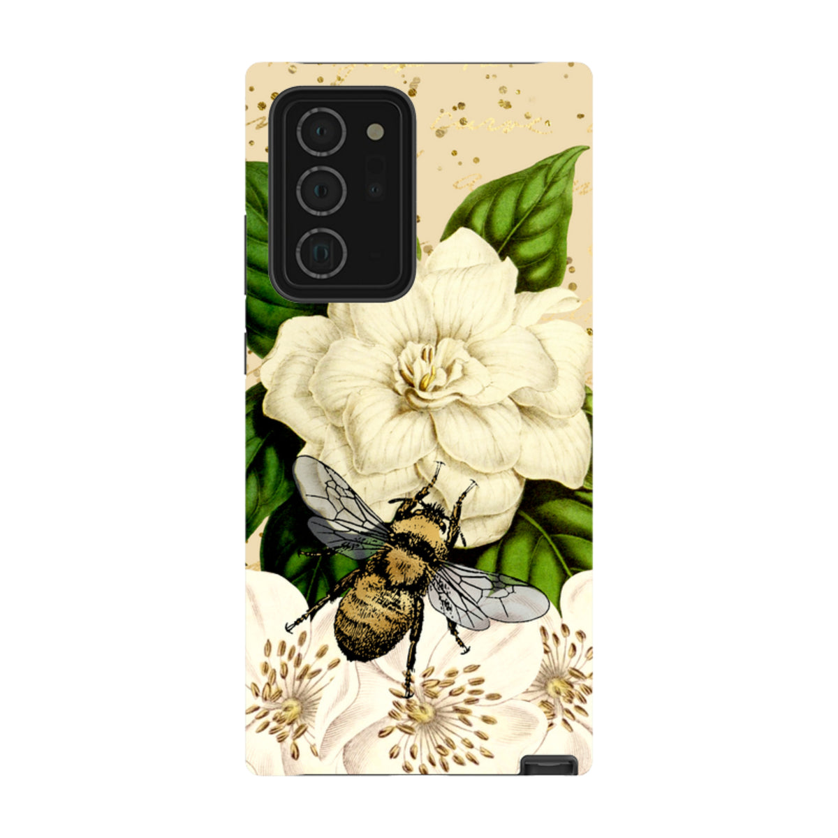 Samsung Tough Case featuring a detailed bee and white flower illustration on a gold-speckled background.