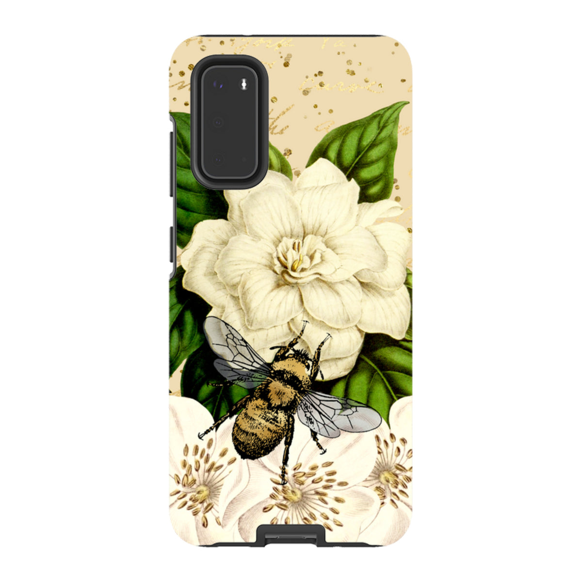 Samsung Tough Case featuring a detailed bee and white flower illustration on a gold-flecked beige background.