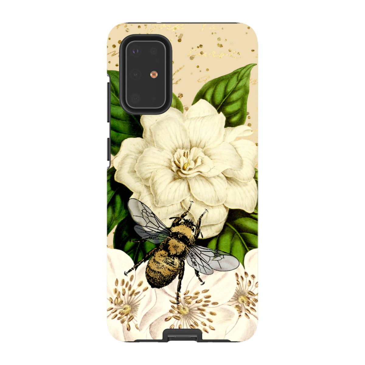 Samsung Tough Case featuring a detailed bee and white floral design on a cream background with gold accents.