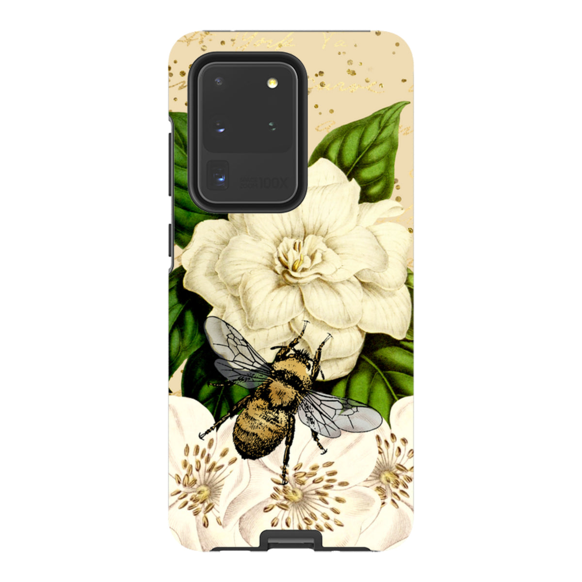 Samsung Galaxy tough case featuring a detailed bee and white floral illustration on a cream background with gold accents.