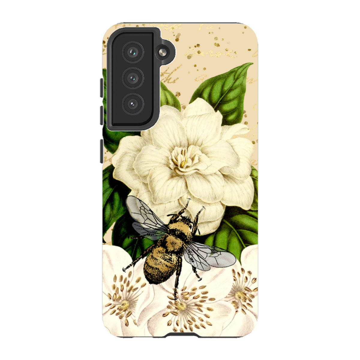 Samsung Tough Case featuring a bee and white floral design on a beige background with dual-layer protective shell.