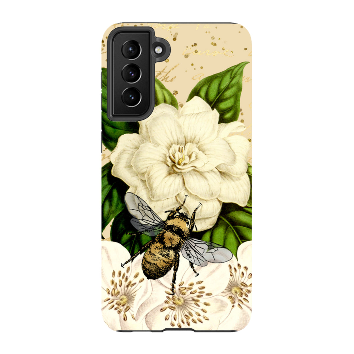Samsung Tough Case featuring a detailed bee and white floral design on a cream background with gold accents.