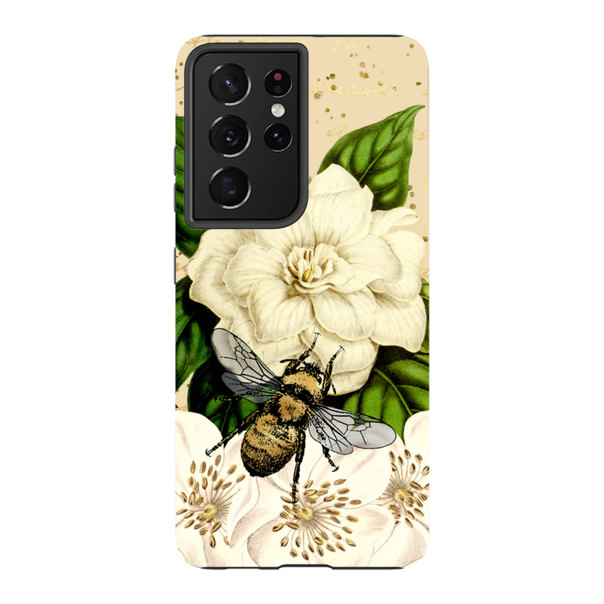 Samsung Galaxy tough case featuring a detailed bee and white floral illustration on a cream background with gold accents.