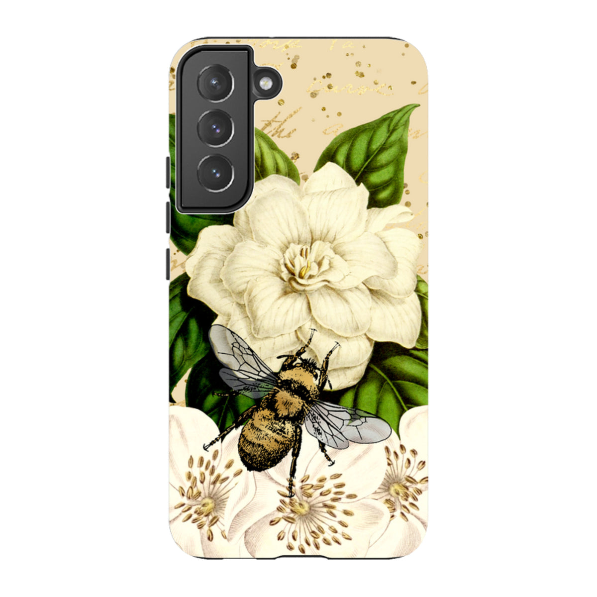 Samsung Tough Case featuring a detailed bee, white flowers, and gold accents on a durable dual-layer protective shell.