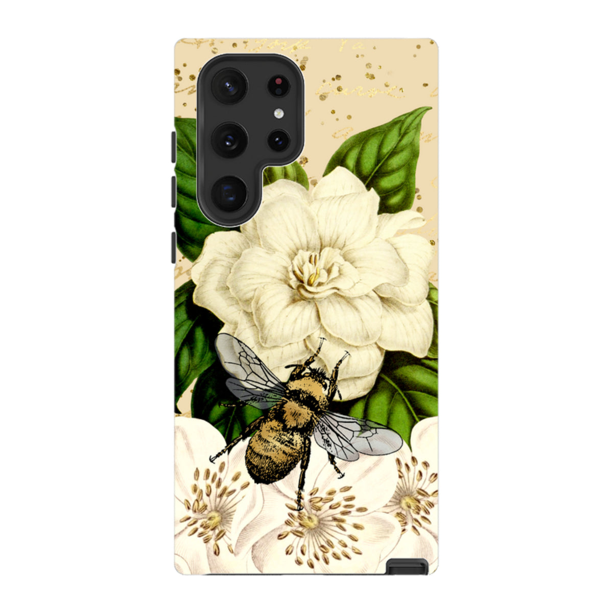 Samsung Galaxy tough case featuring a detailed bee, white flowers, and green leaves on a gold-speckled beige background.