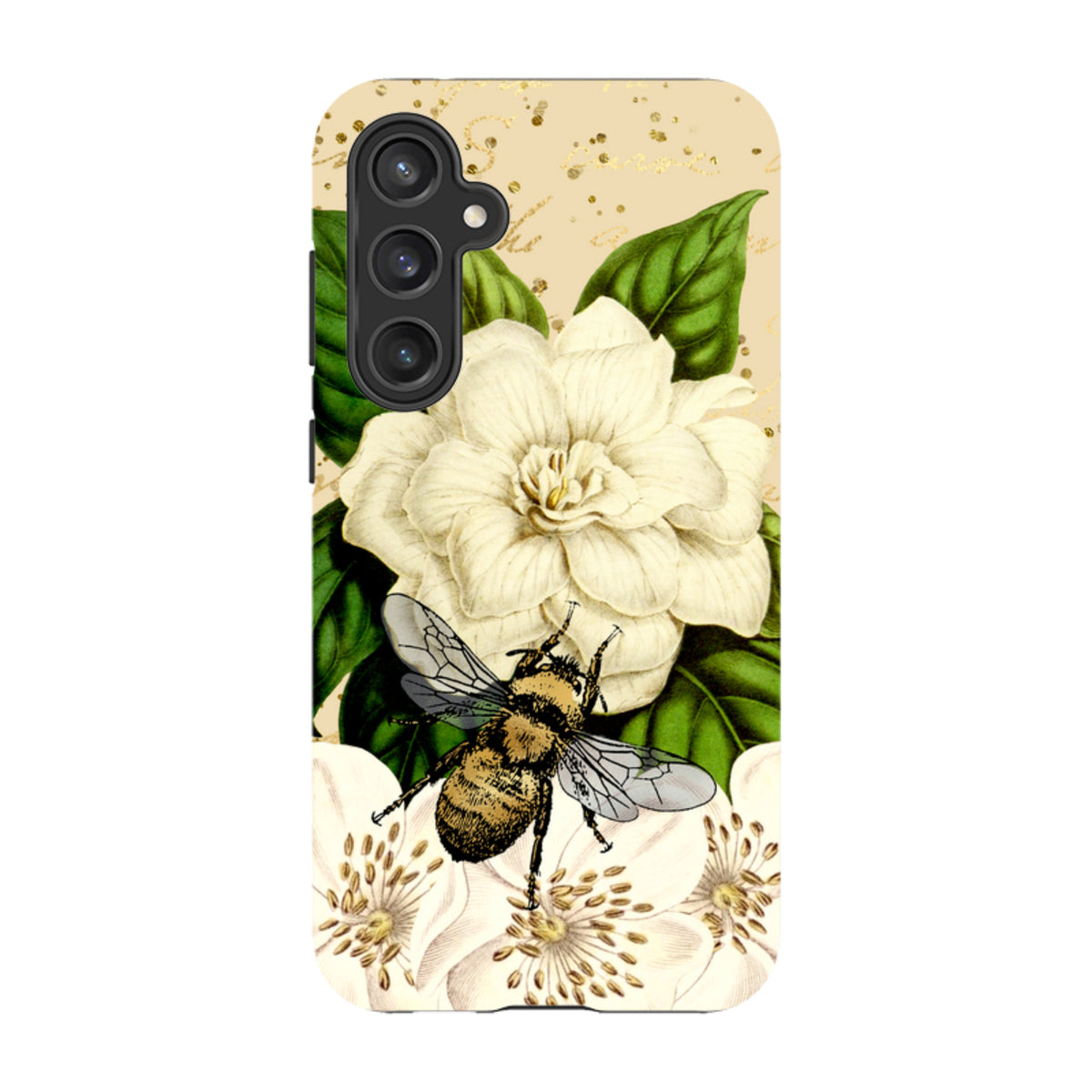 Samsung Tough Case featuring a detailed bee and white floral illustration on a cream background with gold accents.