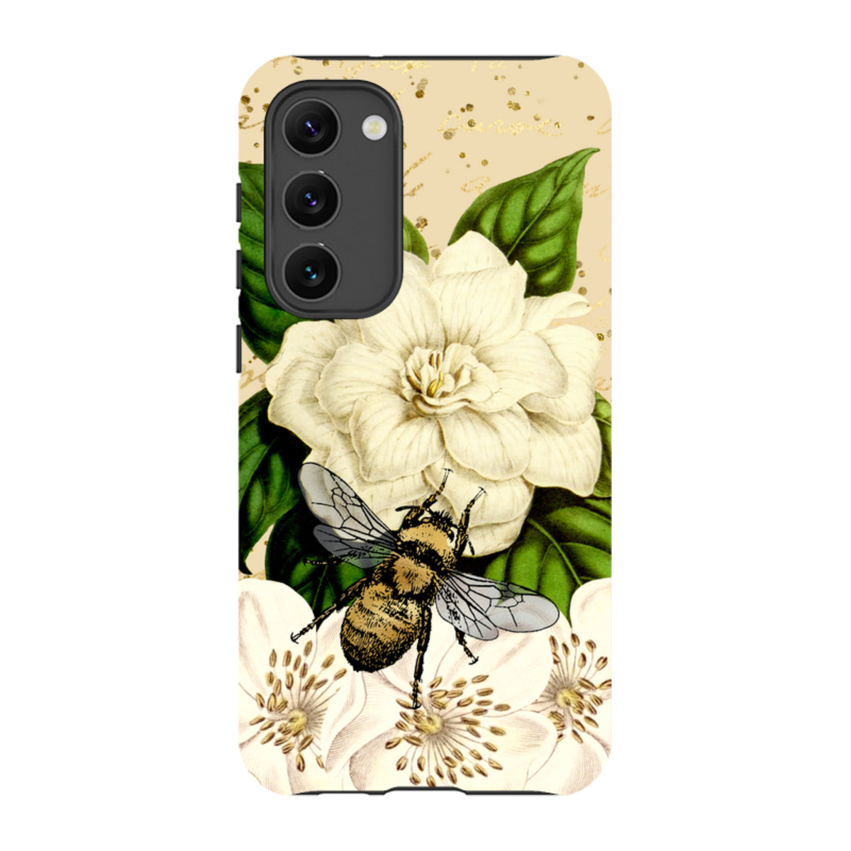 Samsung Tough Case featuring a detailed bee and white floral design on a cream background with gold speckle accents.