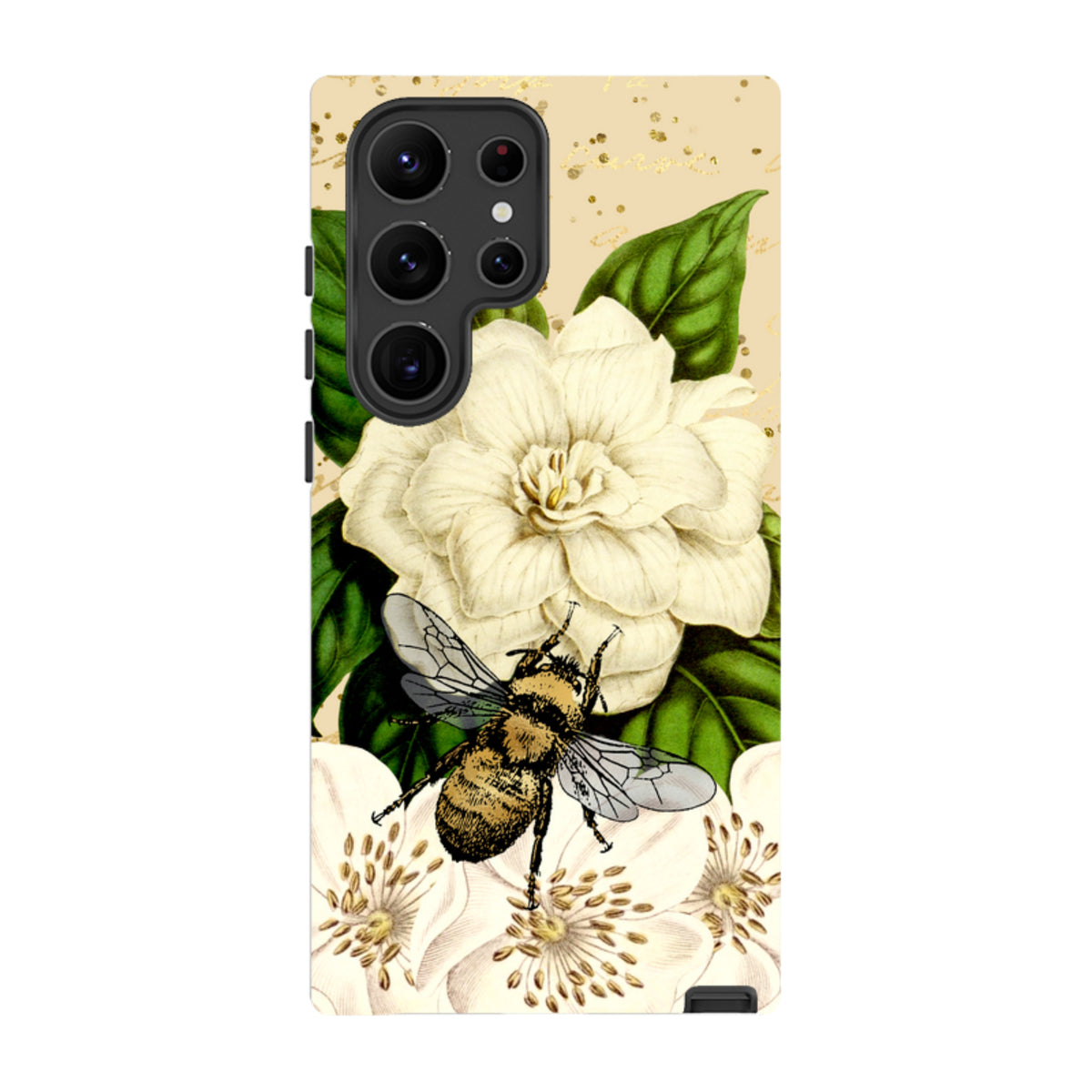 Samsung Tough Case featuring a detailed bee, white flowers, and green leaves on a beige background with gold accents.