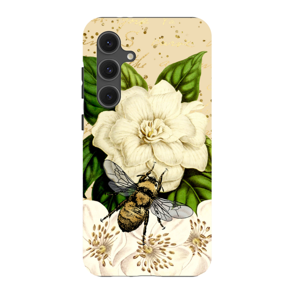 Samsung Tough Case featuring a bee and white floral design on a cream background with gold glitter accents.