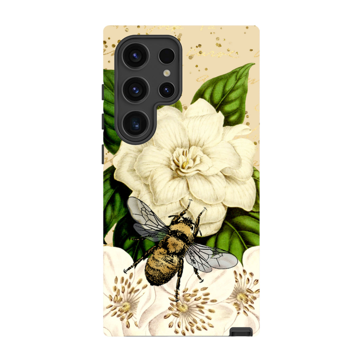 Samsung Galaxy tough case featuring a detailed bee and white flower illustration on a gold-speckled beige background.
