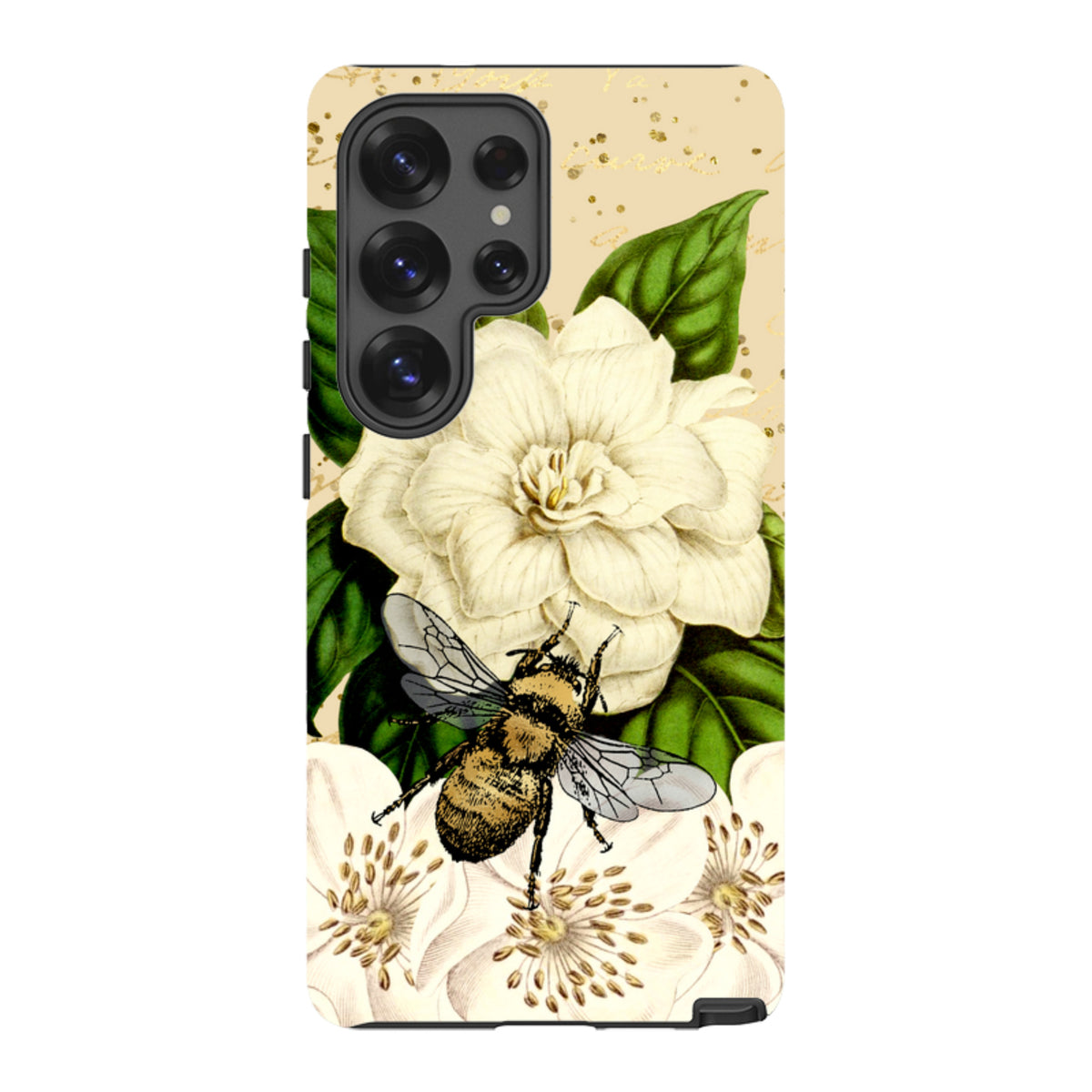 Samsung Galaxy tough case featuring a detailed bee and white floral design on a cream background with gold accents.