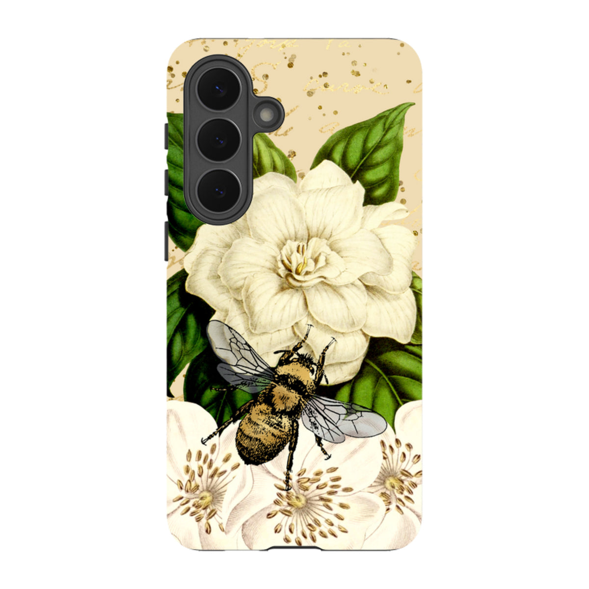 Samsung Tough Case featuring a detailed bee and white floral design on a cream background with gold speckle accents.