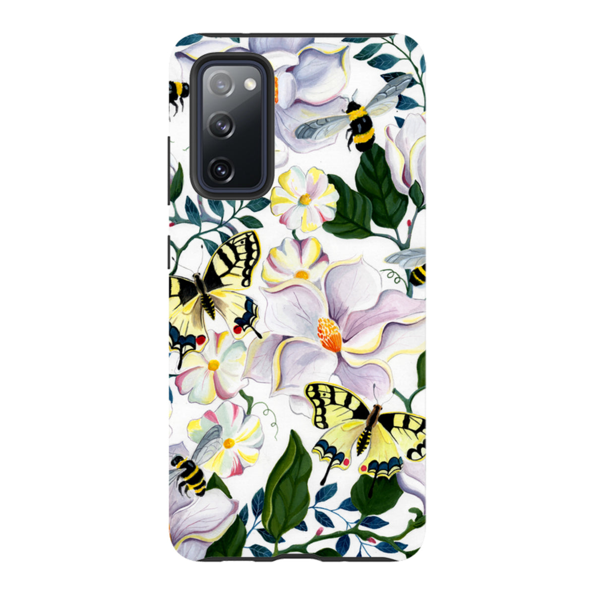 Samsung Tough Case featuring a vibrant floral design with bees, butterflies, and white magnolia flowers on a white background.
