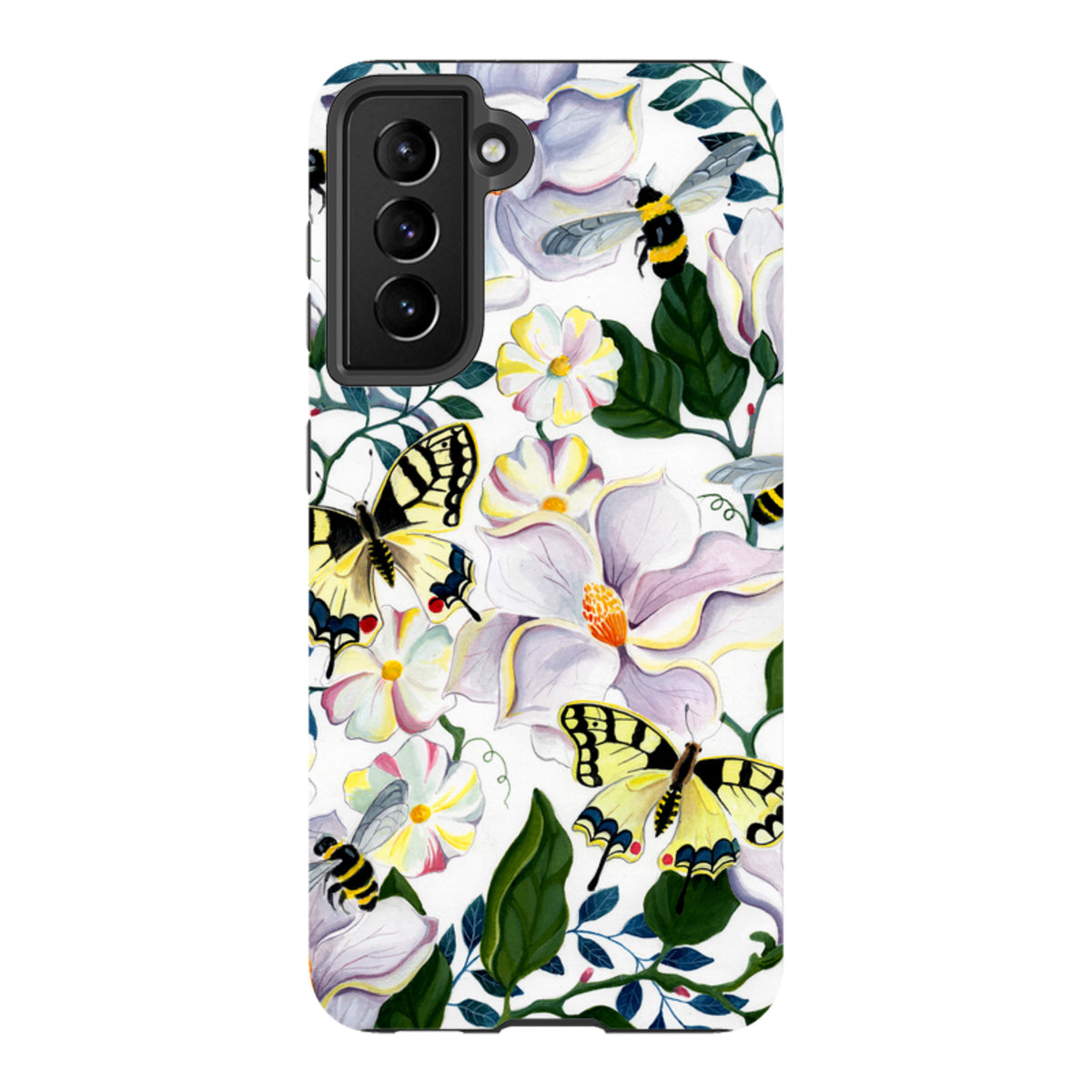 Samsung Tough Case featuring a vibrant floral print with yellow butterflies, bees, and white magnolia flowers.
