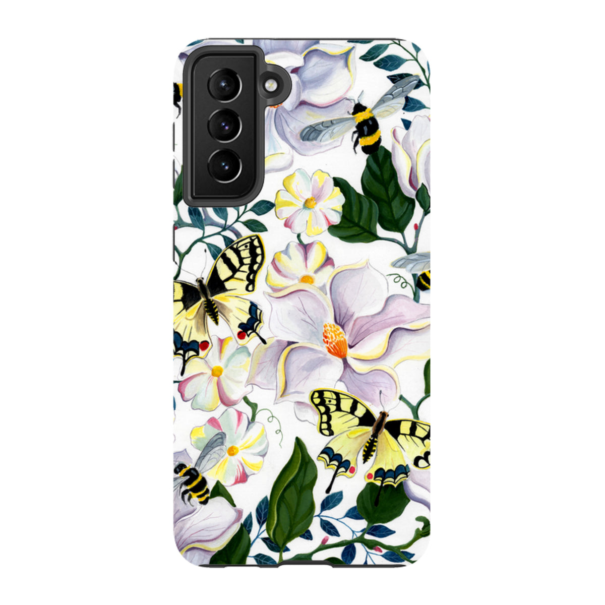 Samsung Tough Case featuring a vibrant magnolia, bee, and butterfly floral print on a dual-layer protective shell.