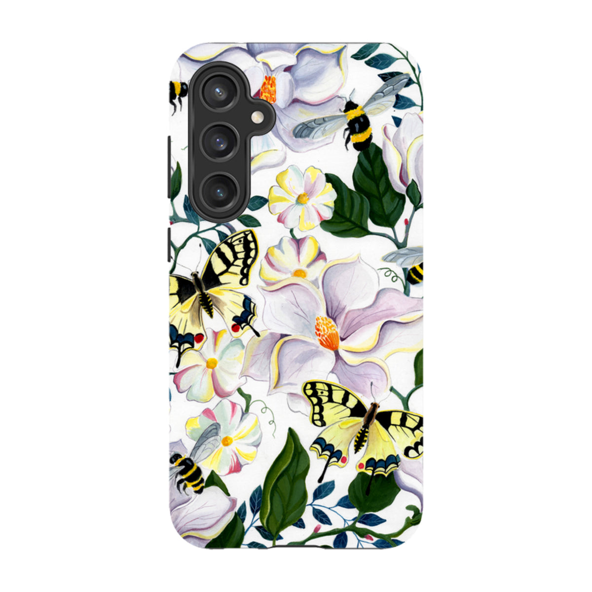 Samsung Tough Case featuring a vibrant floral magnolia and bee print with yellow butterflies on a white background.