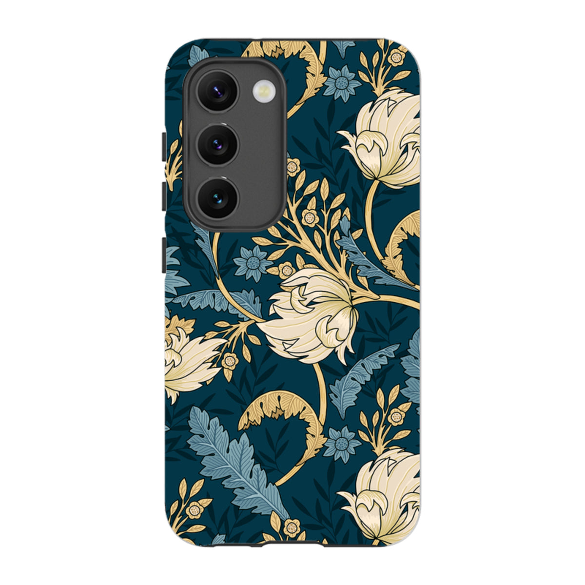 Samsung Galaxy tough case featuring a dark teal floral pattern with cream and blue botanical illustrations.