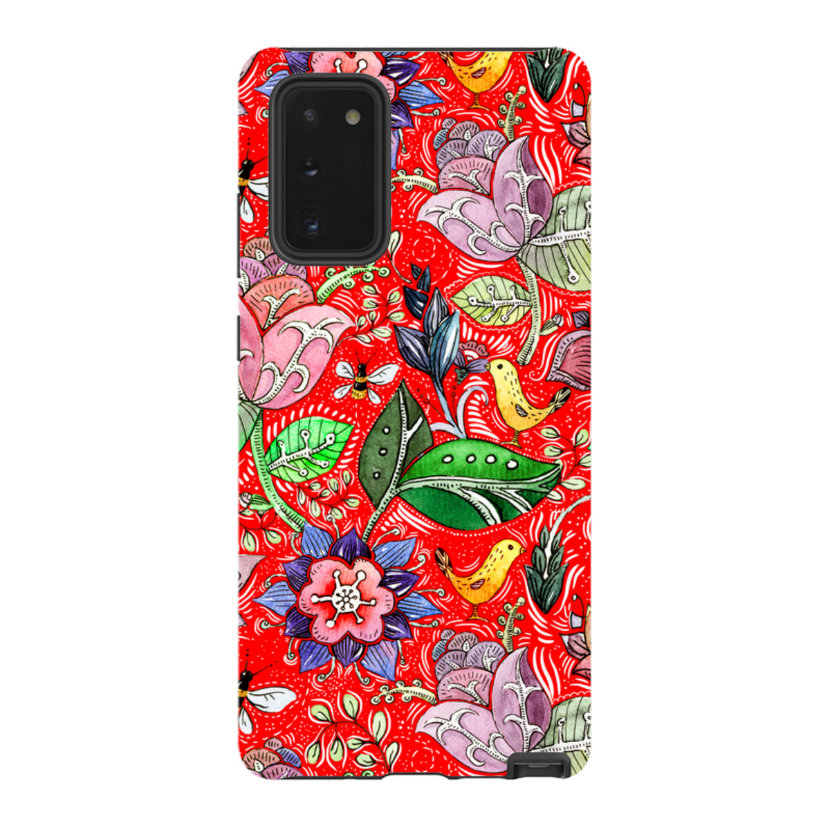 Samsung Tough Case featuring a vibrant red background with colorful floral, bird, and insect illustrations.