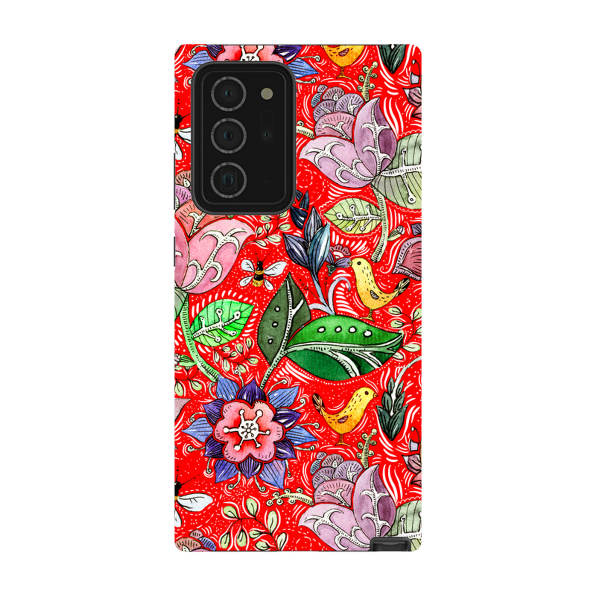 Samsung Tough Case featuring a vibrant red floral and bird pattern with dual-layer protection for a Galaxy device.