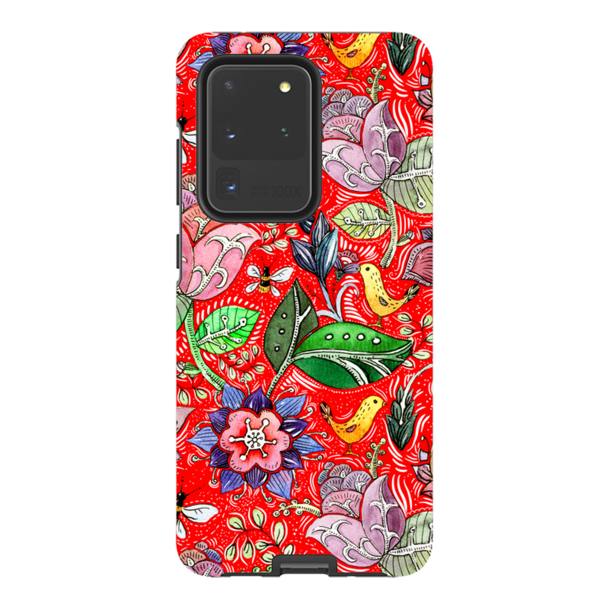 Samsung Tough Case featuring a vibrant red floral pattern with yellow birds and insects on a durable dual-layer shell.