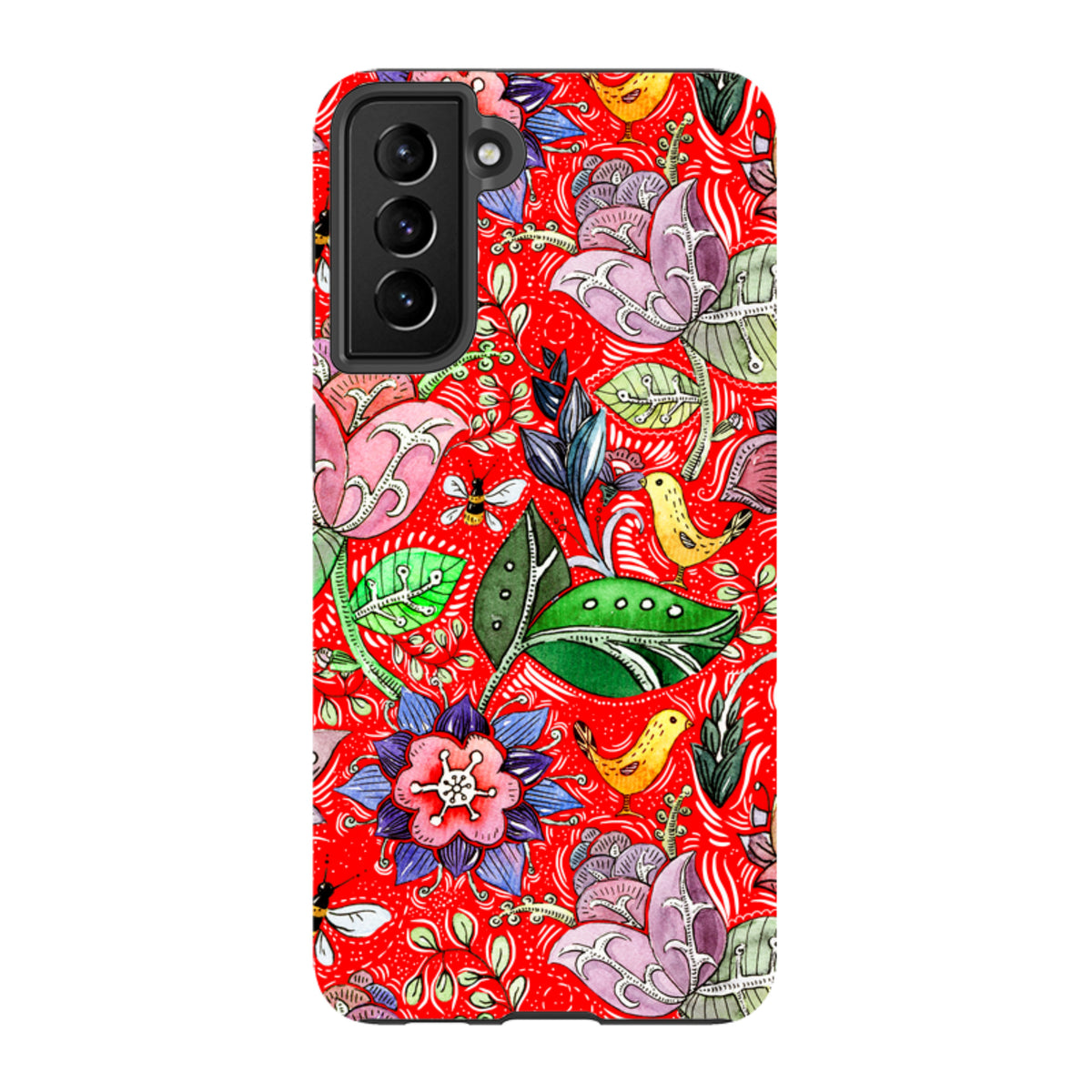 Samsung Tough Case featuring a vibrant red floral and bird pattern with dual-layer protection and precise camera cutouts.