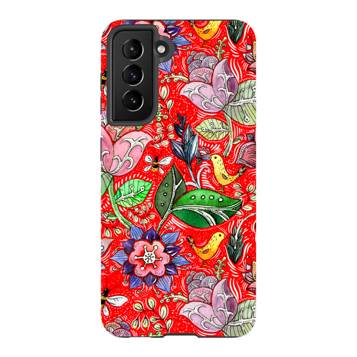 Samsung Tough Case featuring a vibrant red floral and bird pattern with dual-layer protection and a precision camera cutout.