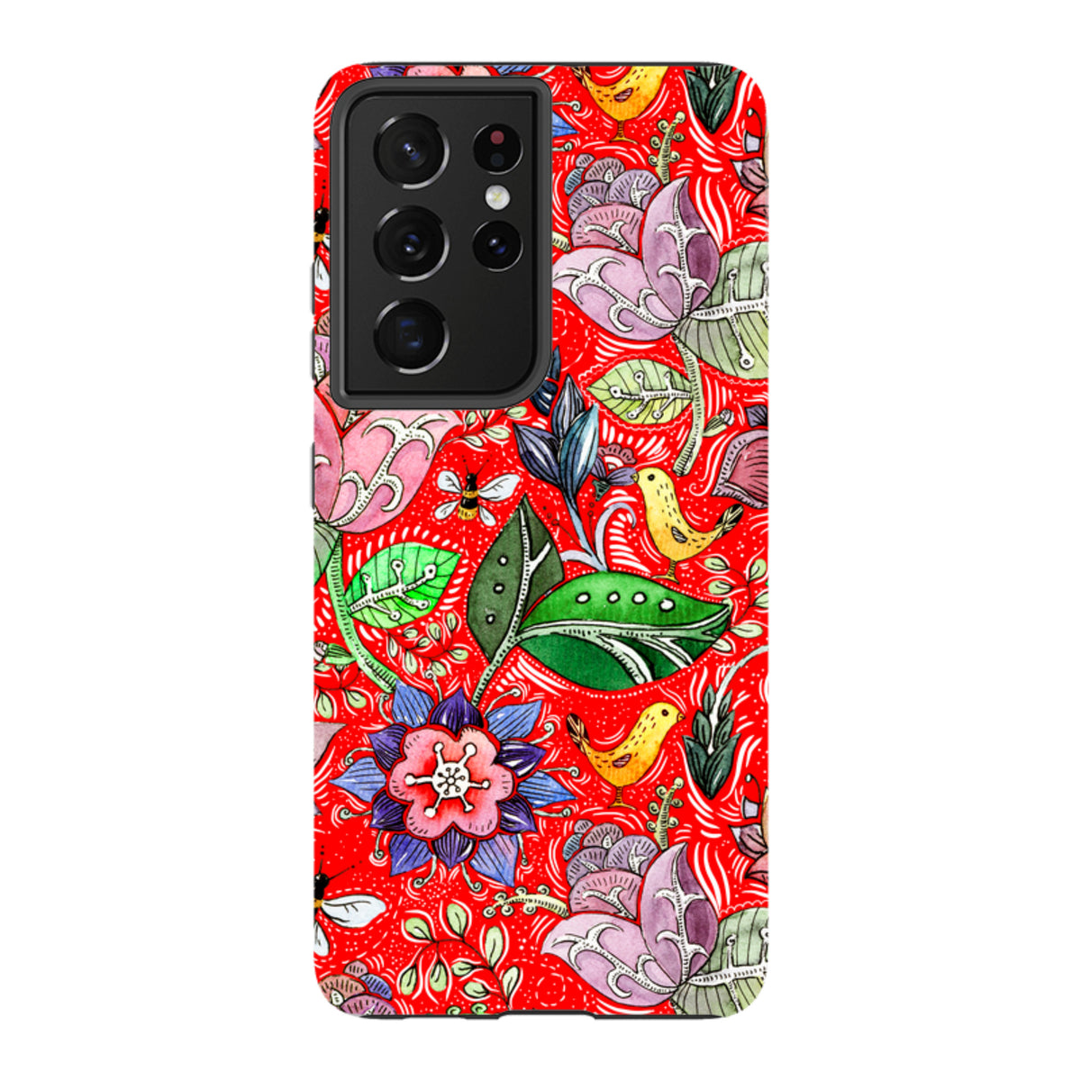 Samsung Tough Case featuring a vibrant red background with colorful floral, bird, and bee illustrations.