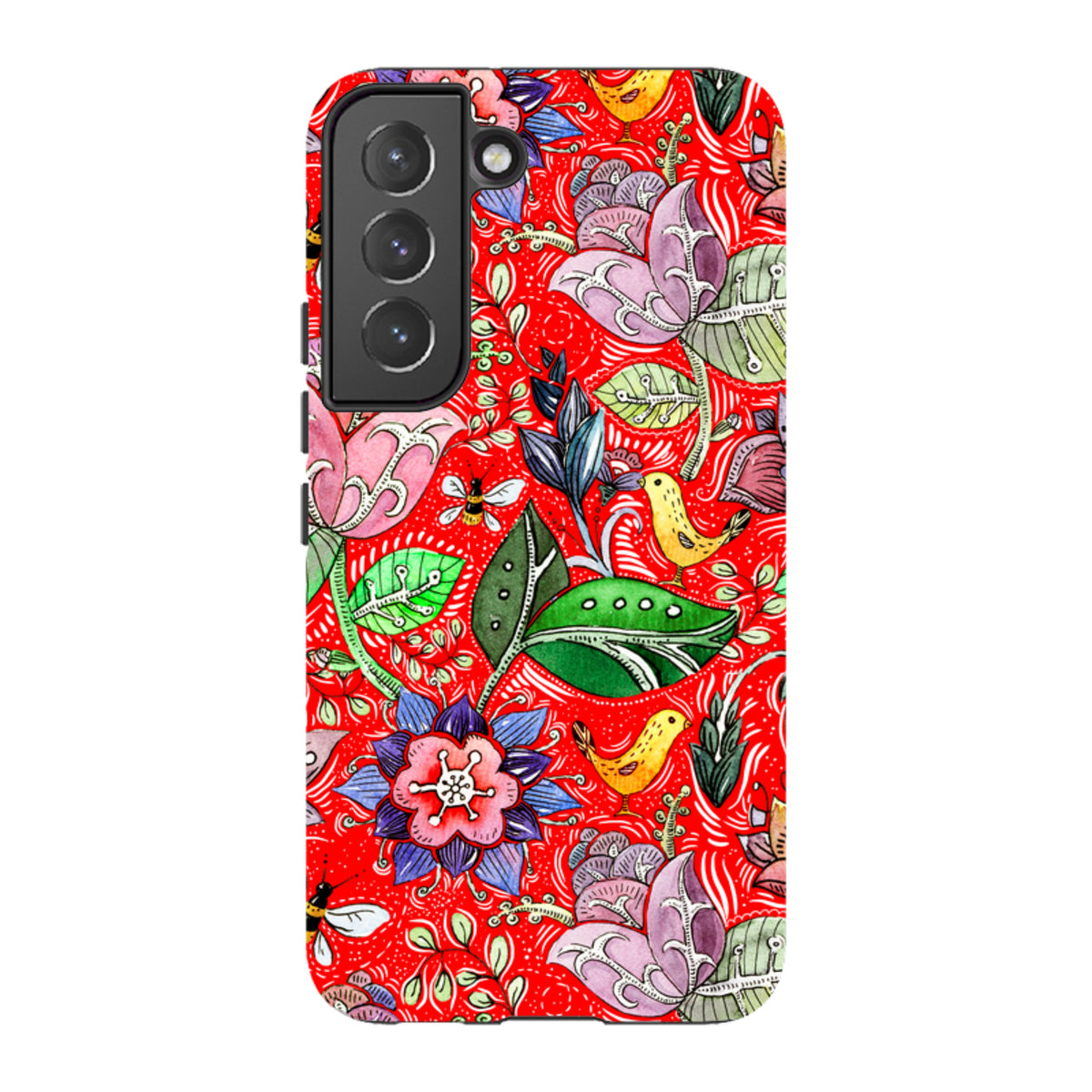 Samsung Tough Case featuring a vibrant red floral and bird pattern with a dual-layer design and camera cut-outs.