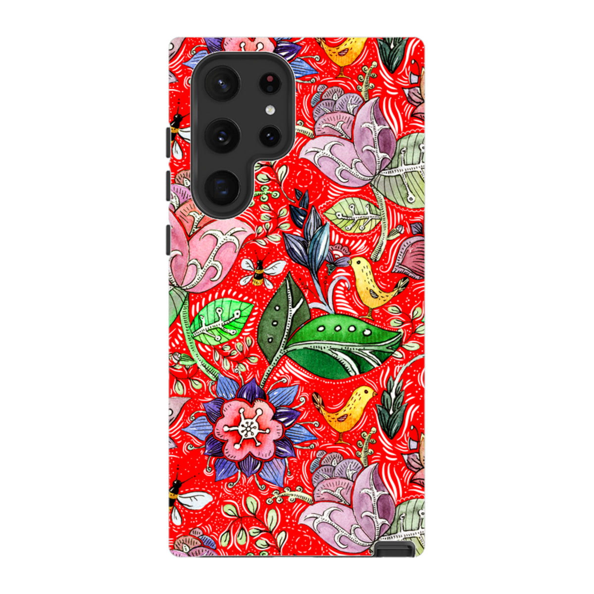 Samsung Tough Case featuring a vibrant red background with colorful floral, bird, and insect illustrations.