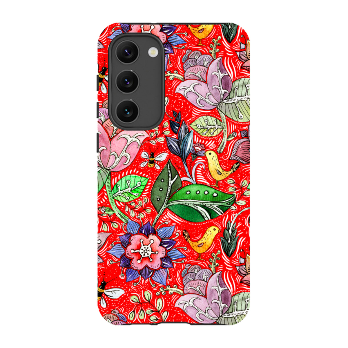Samsung Tough Case featuring a vibrant red background with colorful floral, bird, and insect illustrations.