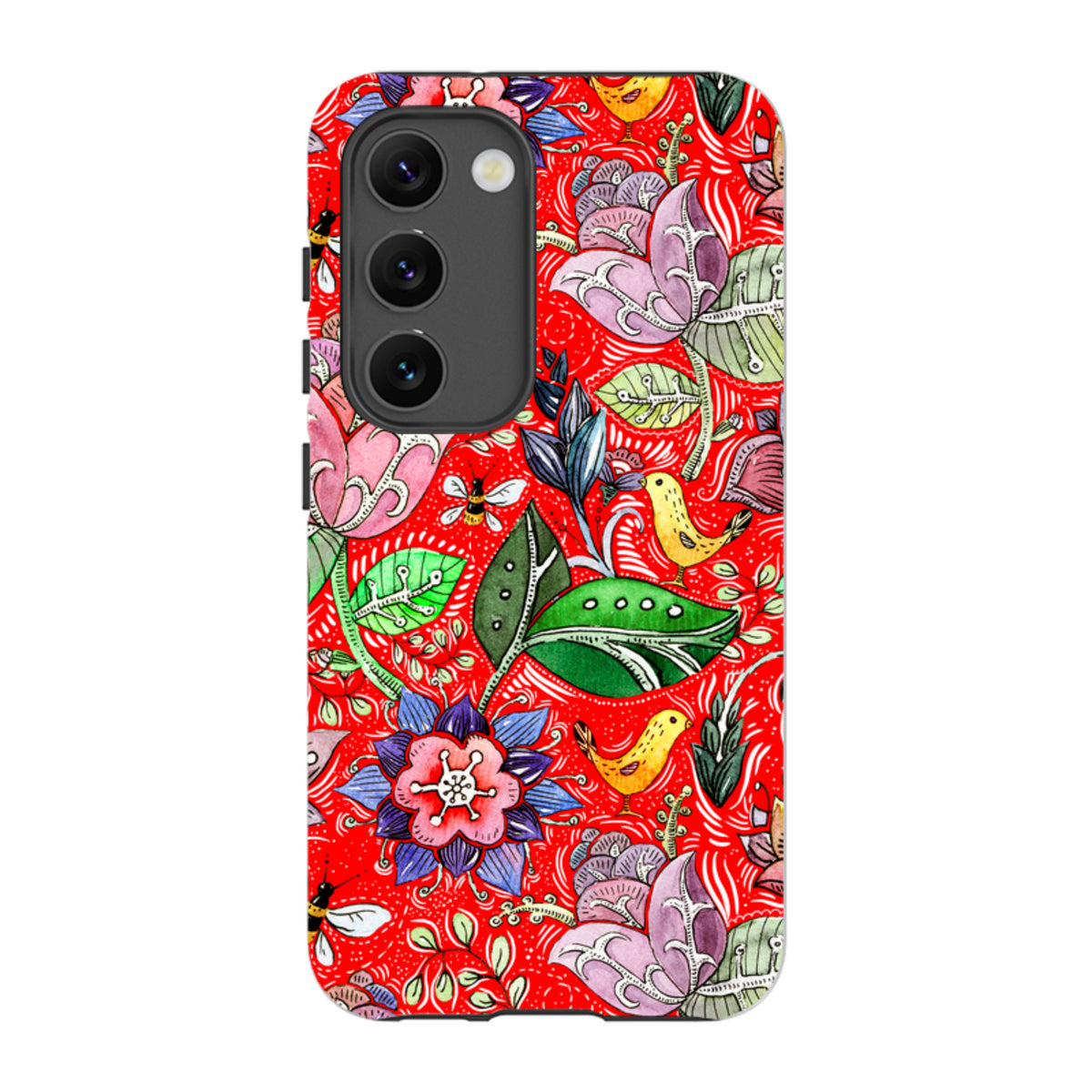 Samsung Tough Case featuring a vibrant red background with colorful floral, bird, and insect illustrations.