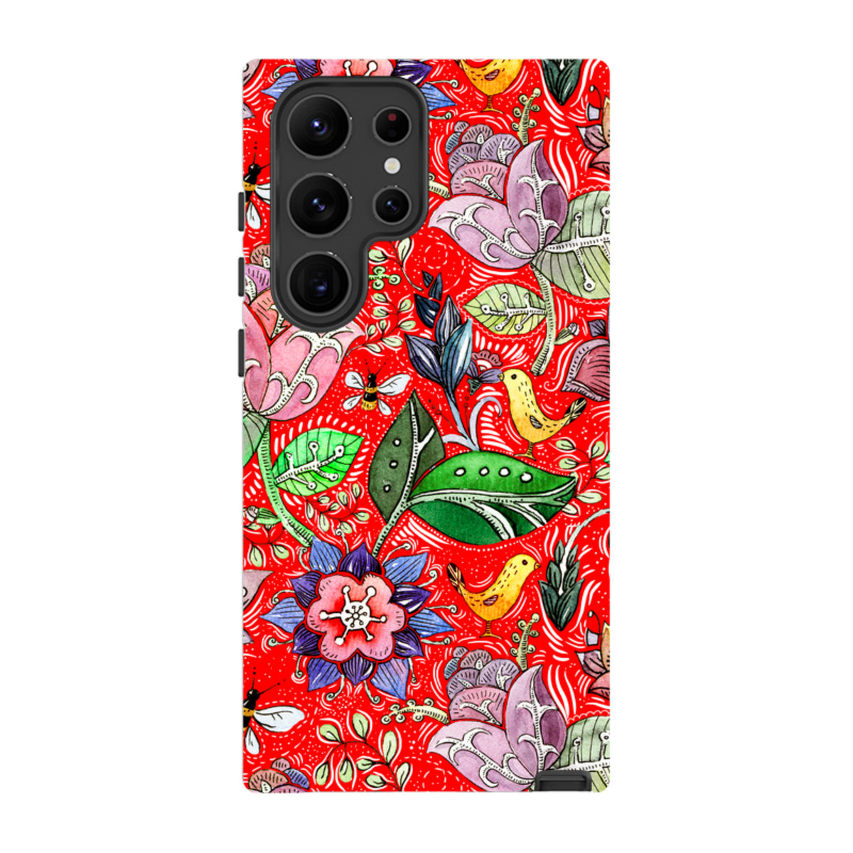 Samsung Tough Case in Beetham design featuring colorful floral and bird artwork on a vibrant red background.
