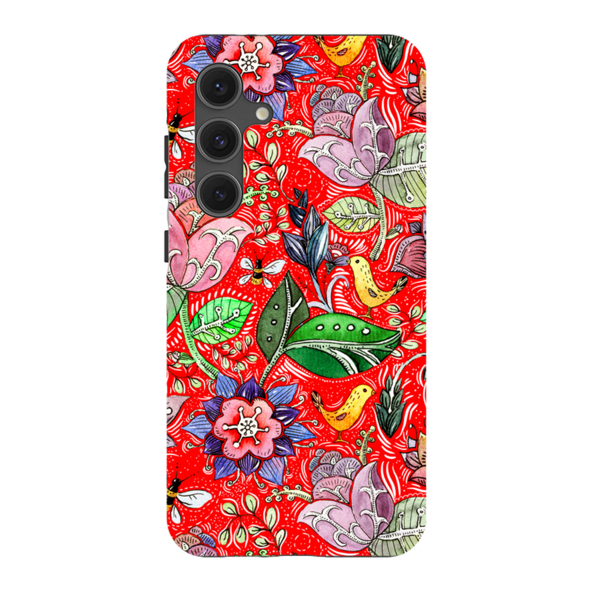 Samsung Tough Case featuring a vibrant red background with colorful floral, bird, and insect watercolor illustrations.