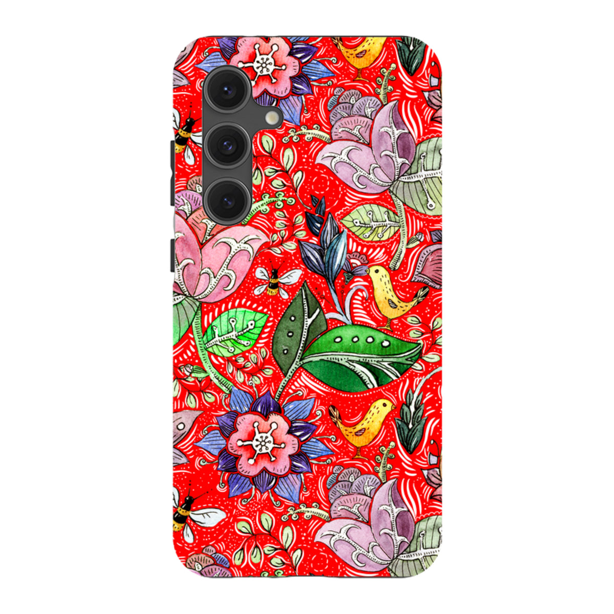 Samsung Tough Case featuring a vibrant red floral and bird pattern with dual-layer protection for Galaxy devices.