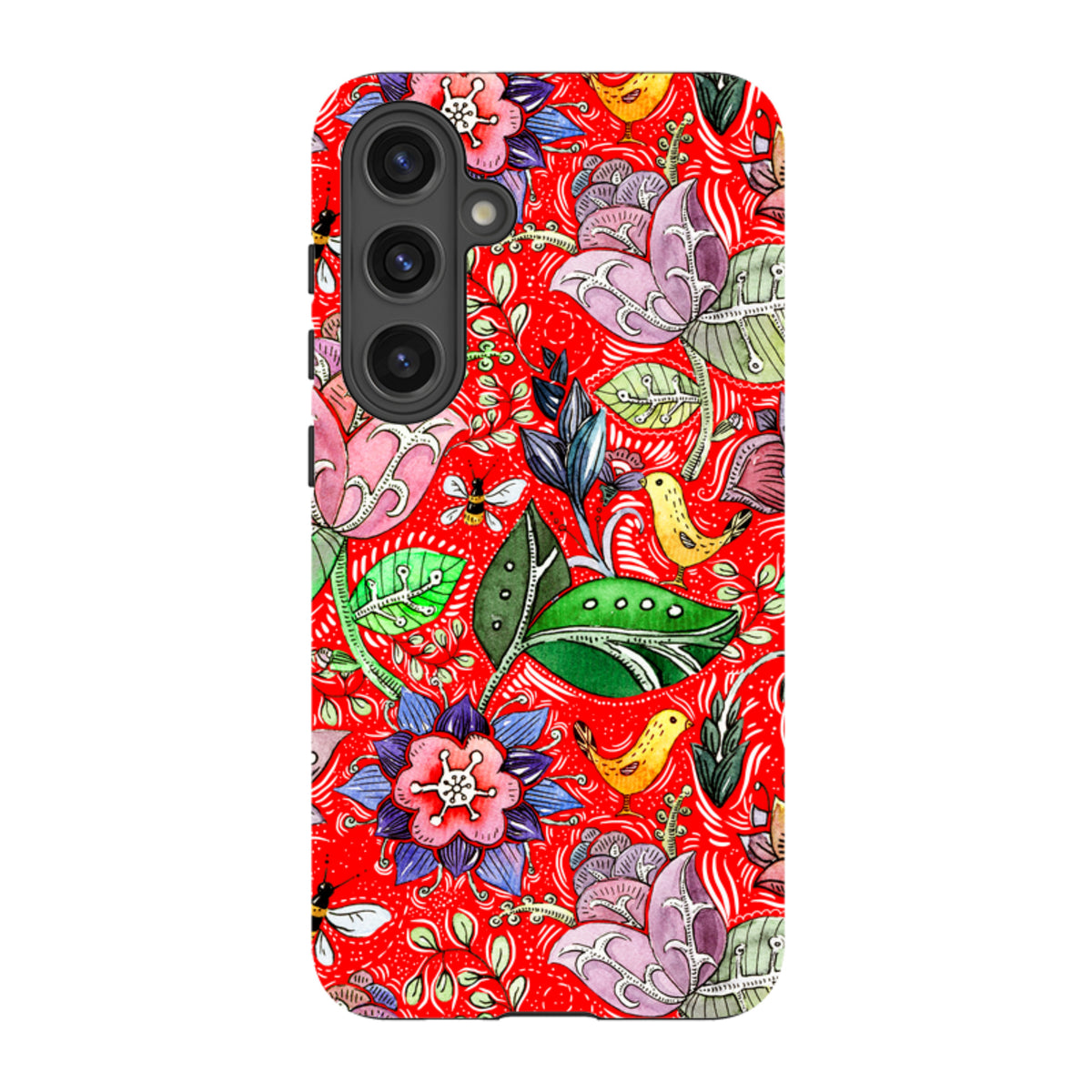 Samsung Tough Case featuring a vibrant red background with colorful floral, bird, and insect watercolor illustrations.