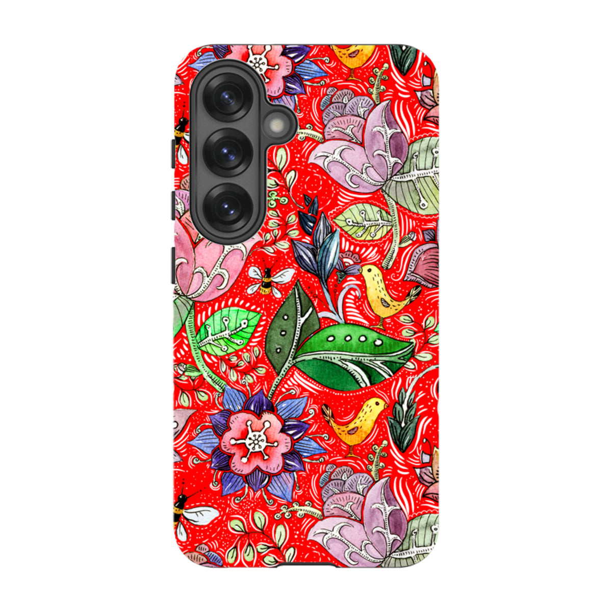 Samsung Tough Case featuring a vibrant red floral and bird pattern with dual-layer protection for Galaxy devices.