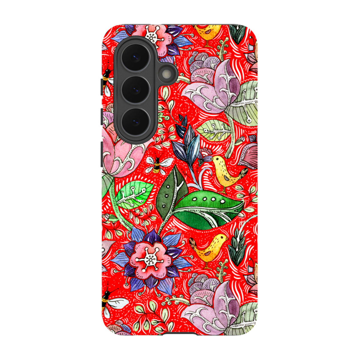 Samsung Tough Case featuring a vibrant red floral and bird pattern with dual-layer protection for Galaxy devices.