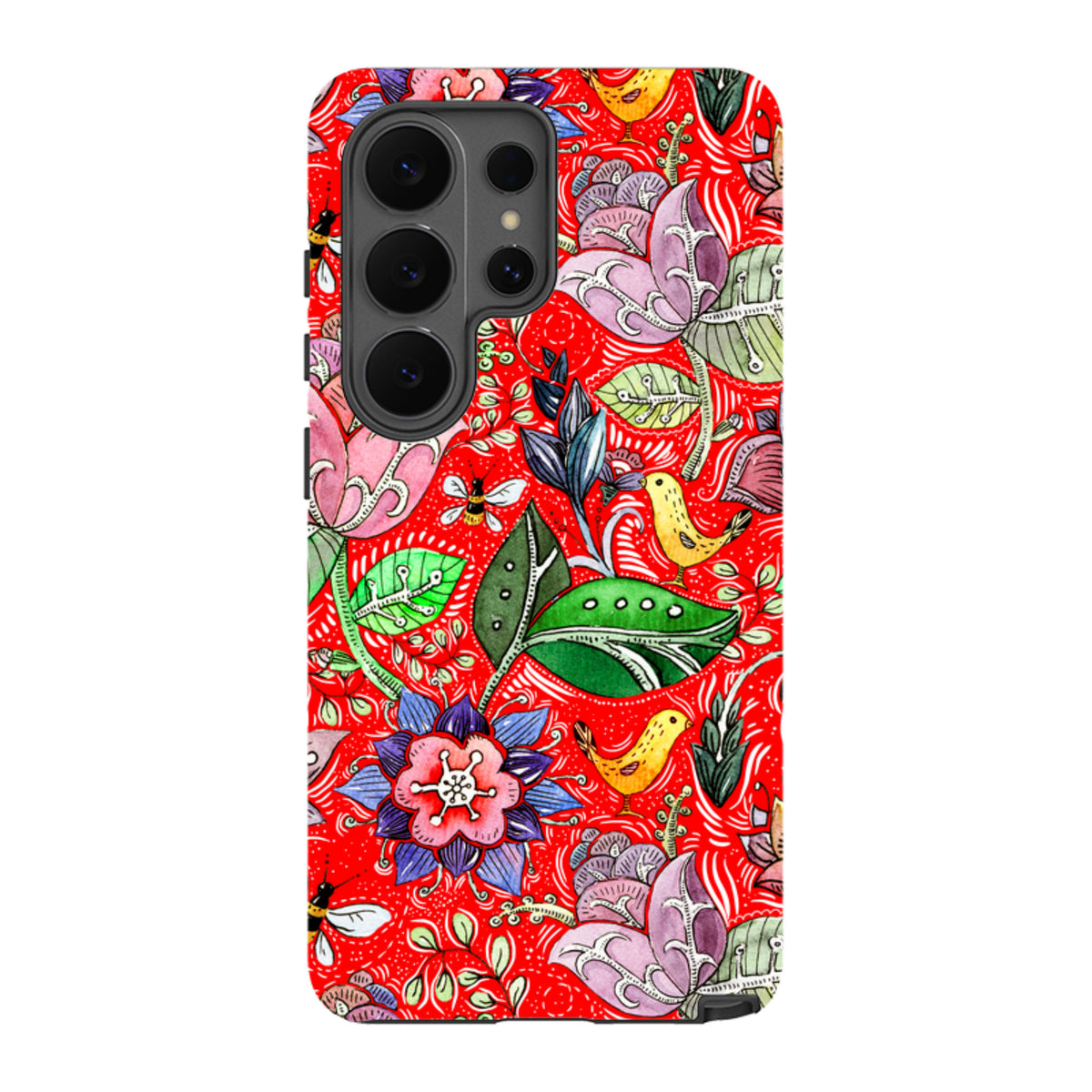 Samsung Tough Case featuring a vibrant red floral and bird pattern with dual-layer protection for Galaxy devices.