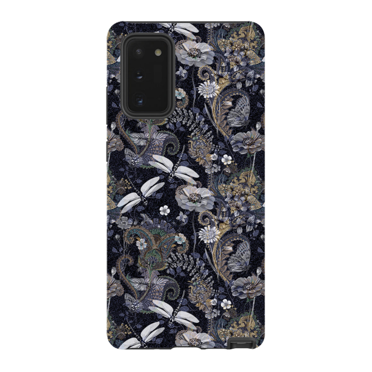Samsung Tough Case featuring a dark Belsay floral and dragonfly pattern with dual-layer protection for Galaxy phones.