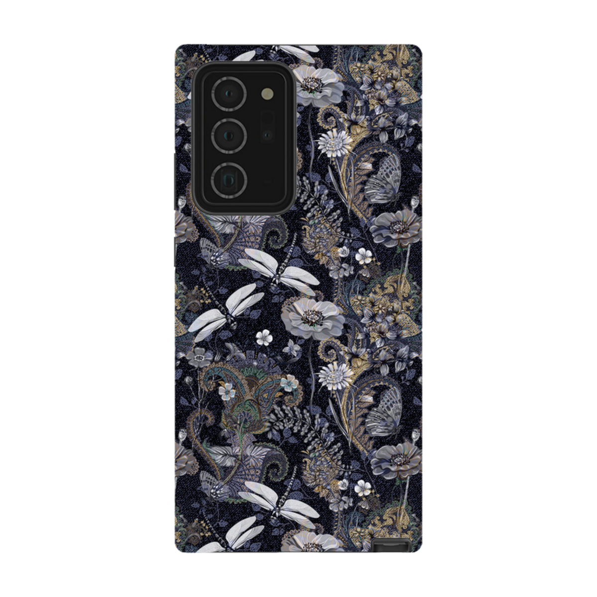 Samsung Tough Case featuring a dark Belsay floral and dragonfly pattern with a dual-layer protective design.