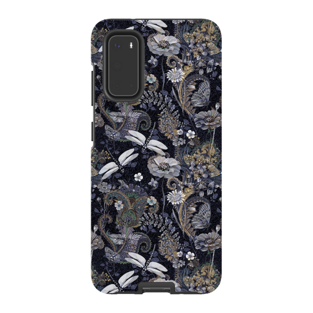 Samsung Tough Case with Belsay floral and dragonfly pattern on a dark background, featuring dual-layer protective design.