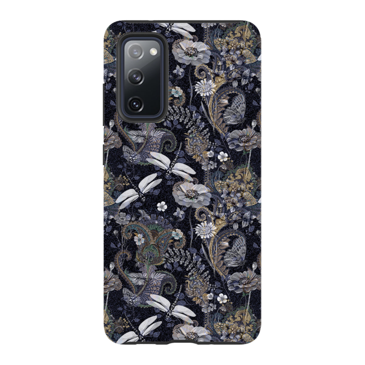 Samsung Galaxy tough case featuring a dark Belsay floral and dragonfly pattern with a protective dual-layer design.