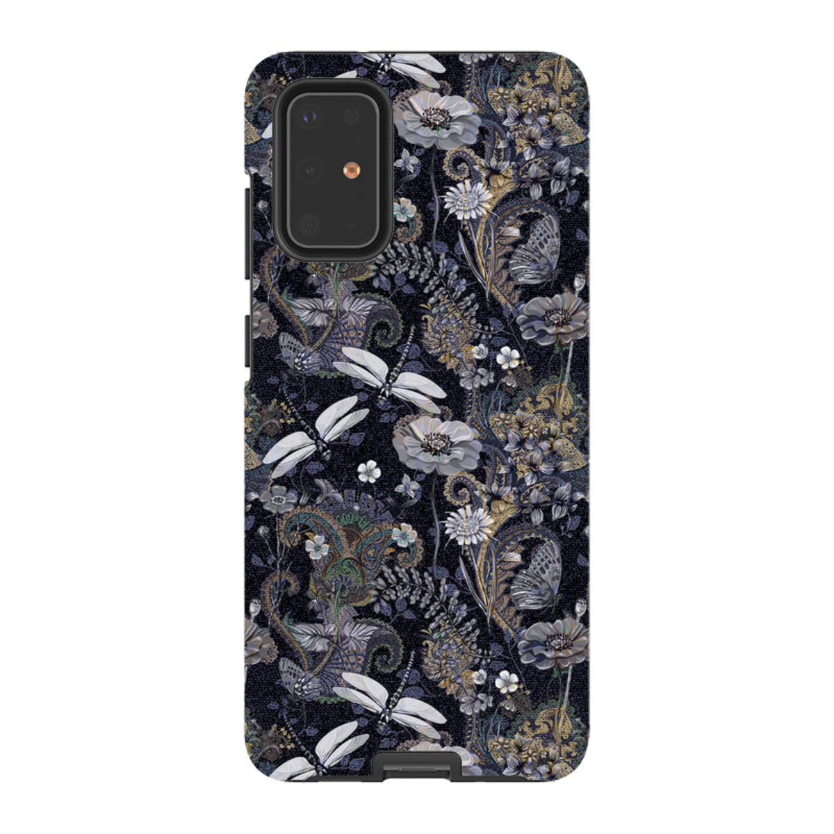 Samsung Tough Case featuring a dark Belsay floral and dragonfly pattern with a dual-layer protective design.