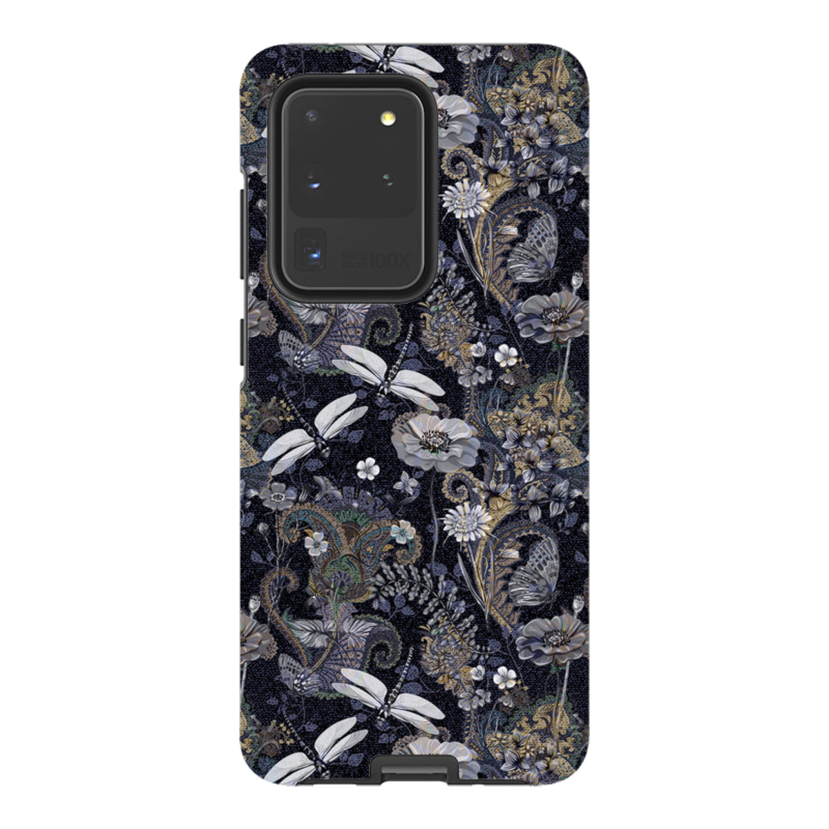 Samsung Tough Case featuring a dark Belsay floral and dragonfly pattern with a dual-layer protective design.