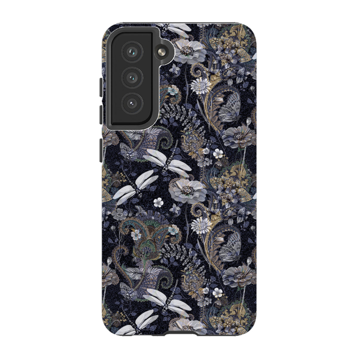 Samsung Tough Case featuring a dark Belsay floral and dragonfly pattern with a durable dual-layer protective design.