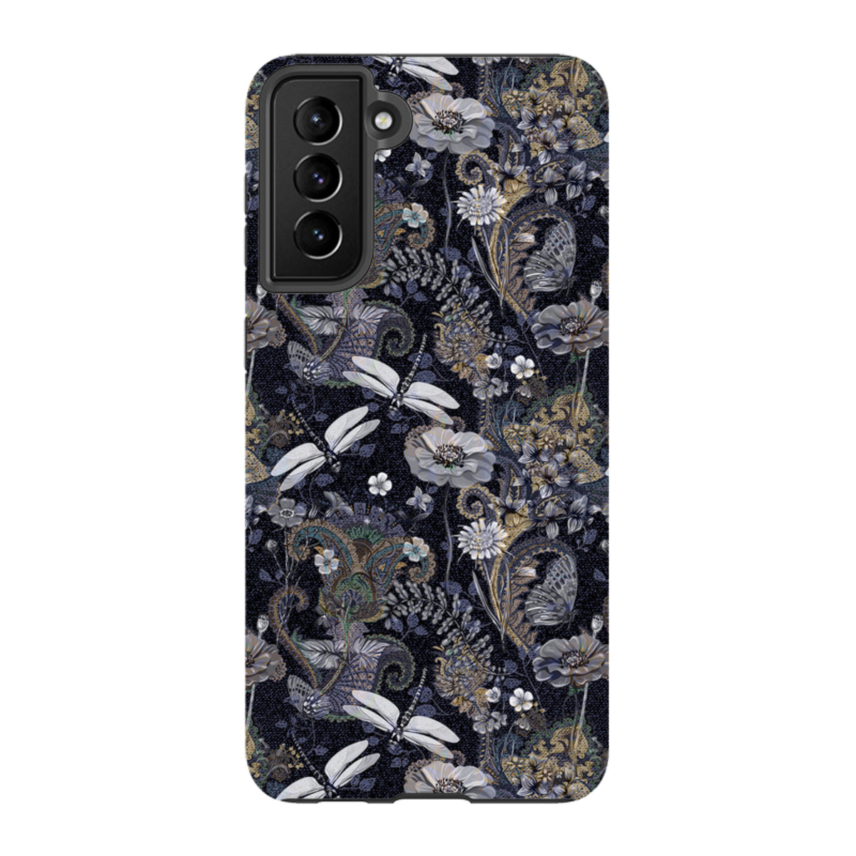 Samsung Tough Case featuring a dark Belsay floral and dragonfly pattern with dual-layer protection and camera cutout.