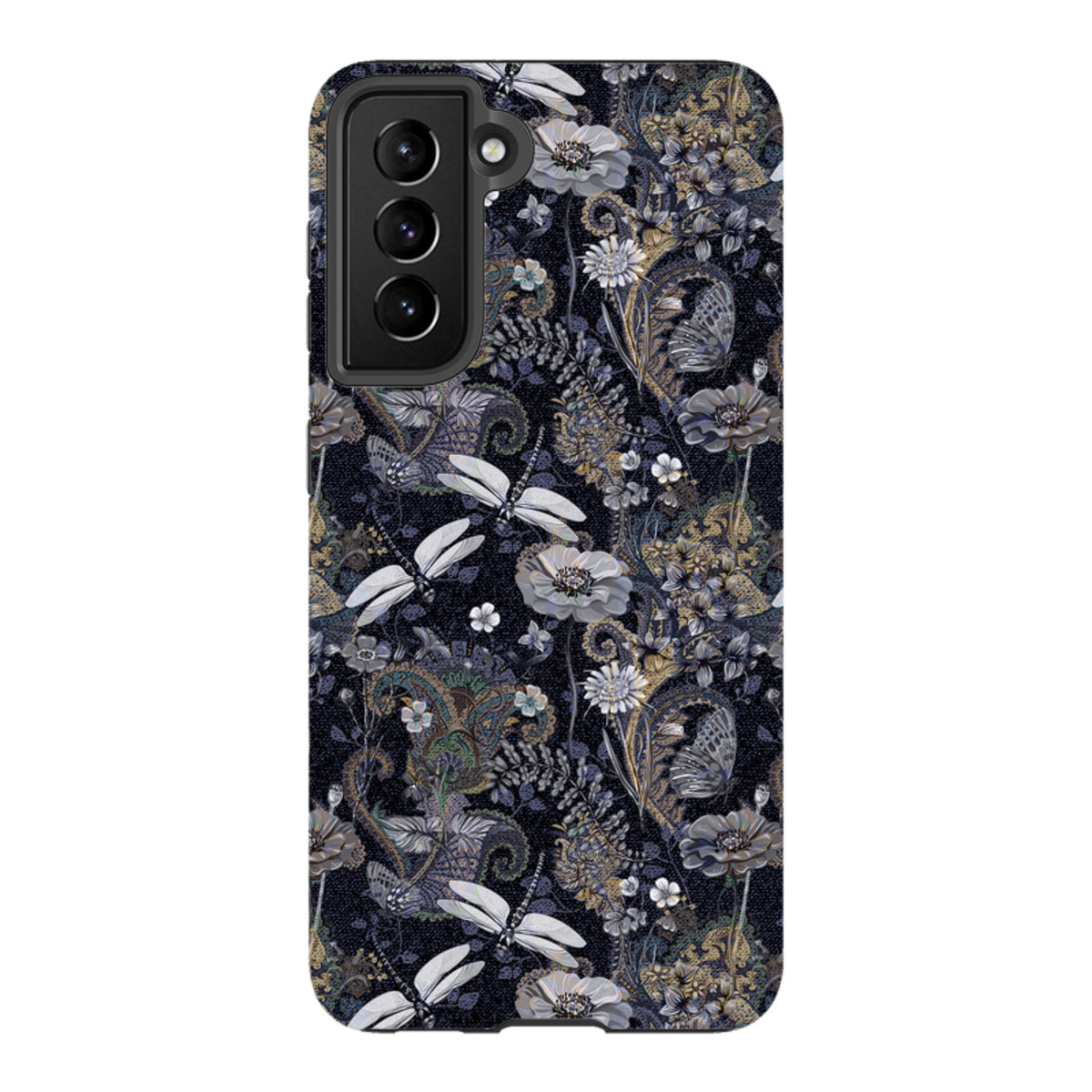 Samsung Tough Case featuring a dark Belsay floral and dragonfly pattern with a durable dual-layer protective shell.